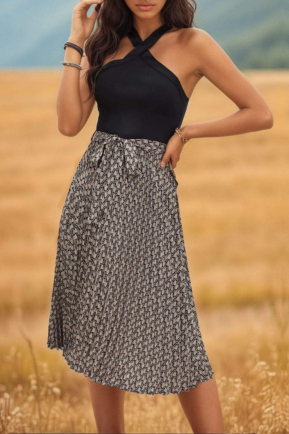 Crisscross Printed Halter Neck Dress - Trendsi - Flyclothing LLC