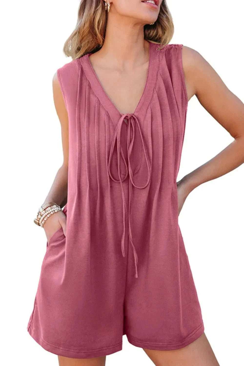 Tie Front Sleeveless Romper - Trendsi - Flyclothing LLC