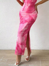 Tie-Dye Ruched Bodycon Tube Slit Dress - Trendsi - Flyclothing LLC