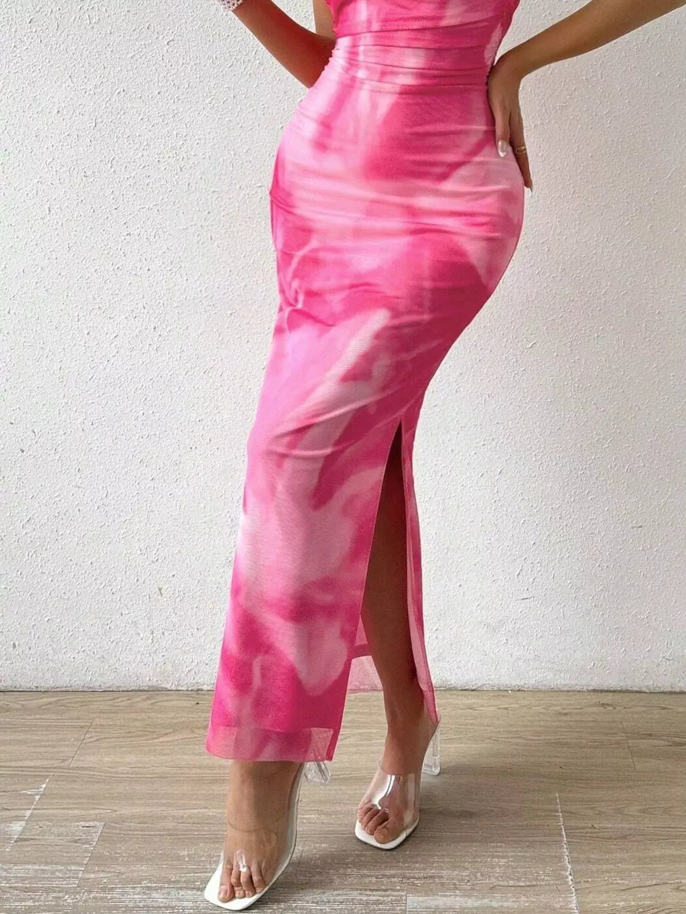 Tie-Dye Ruched Bodycon Tube Slit Dress - Trendsi - Flyclothing LLC