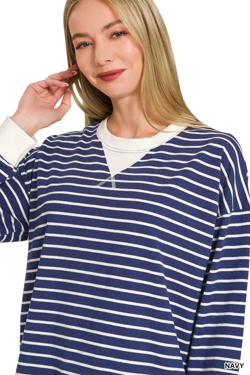 Zenana Contrast Striped Round Neck Sweatshirt - Trendsi - Flyclothing LLC