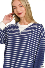 Zenana Contrast Striped Round Neck Sweatshirt - Trendsi - Flyclothing LLC