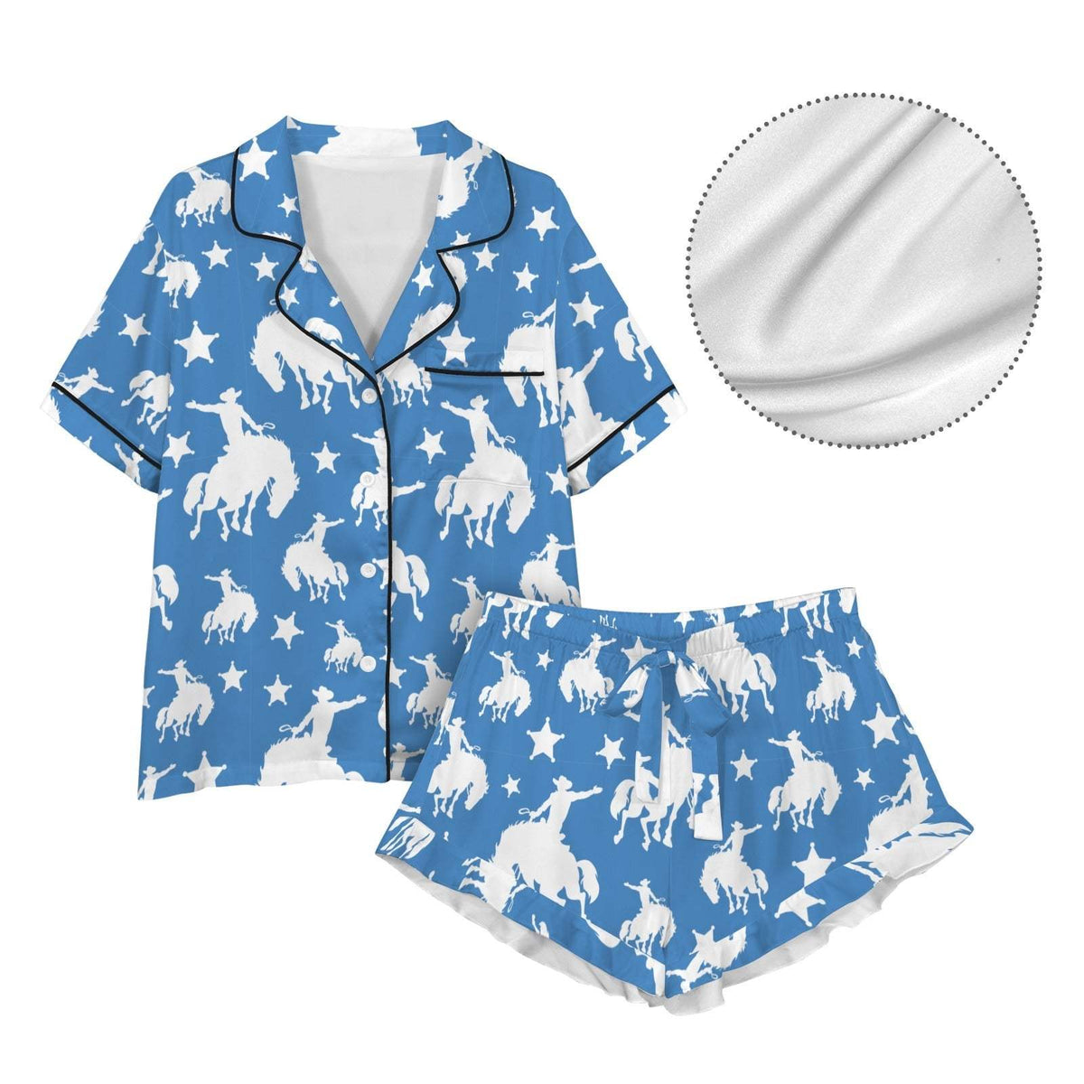 Baha Ranch Blue Bronc Satin Ruffle Hem Pajama set - Baha Ranch Western Wear - Flyclothing LLC