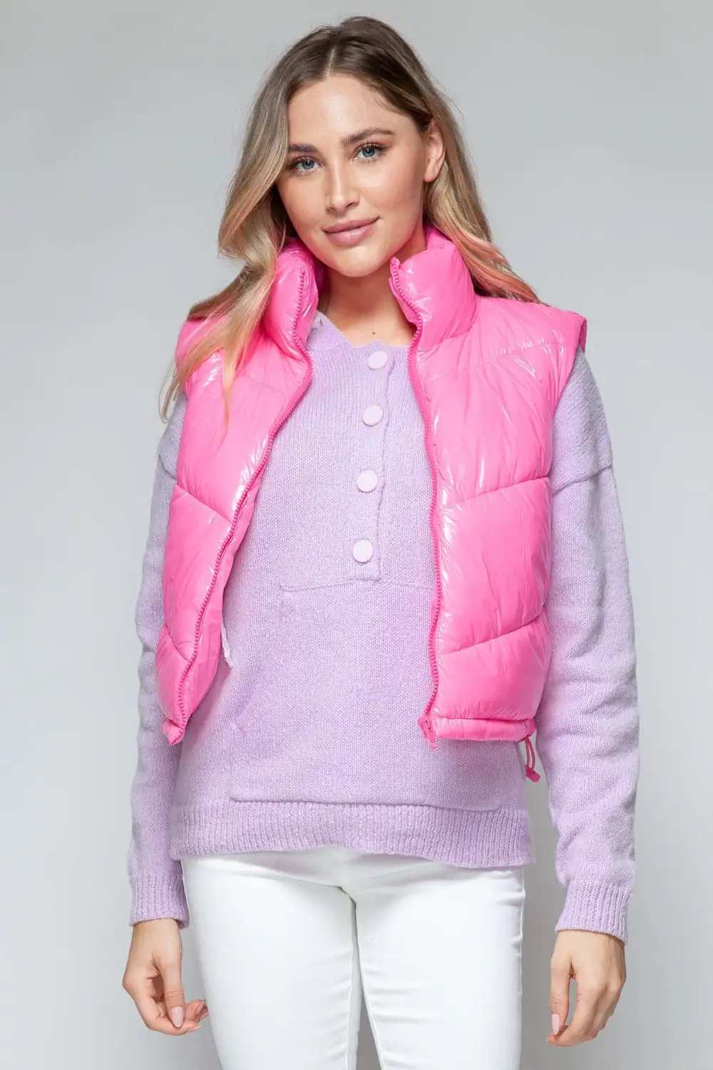 Snobbish Zip Up Turtleneck Shiny Quilted Vest - Trendsi - Flyclothing LLC