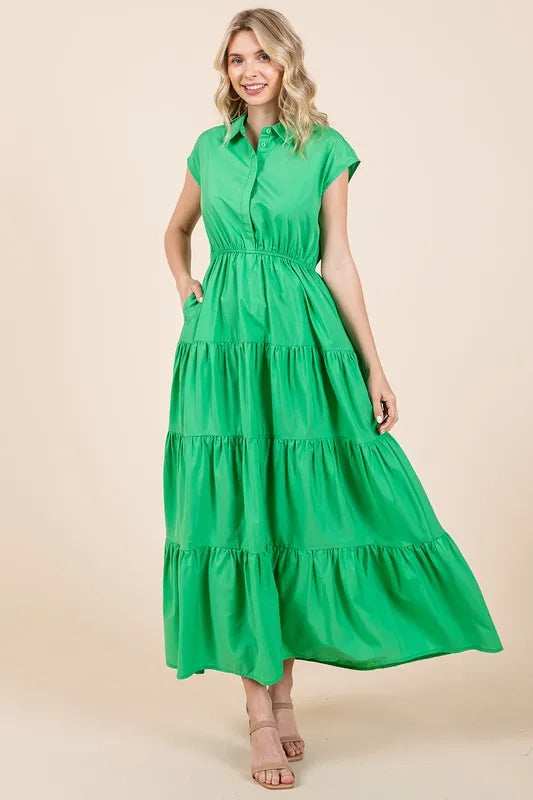 Mittoshop Button Up Collared Tiered Maxi Shirt Dress - Trendsi - Flyclothing LLC