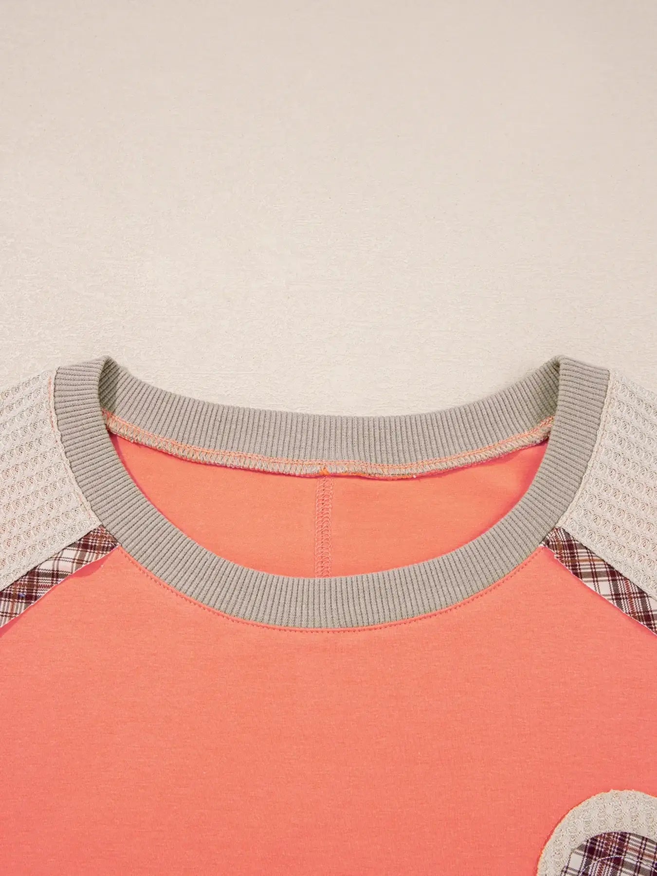 Plaid Waffle Flower Patchwork Contrast Top - Trendsi - Flyclothing LLC