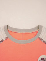 Plaid Waffle Flower Patchwork Contrast Top - Trendsi - Flyclothing LLC