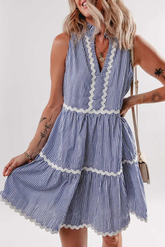 Stripe Sleeveless Notched Ric Rac Mini Dress - Trendsi - Flyclothing LLC