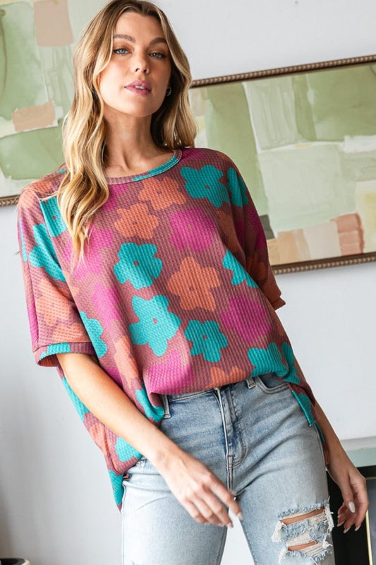 HOPELY Full Size Floral Round Neck Side Slit T-Shirt - Trendsi