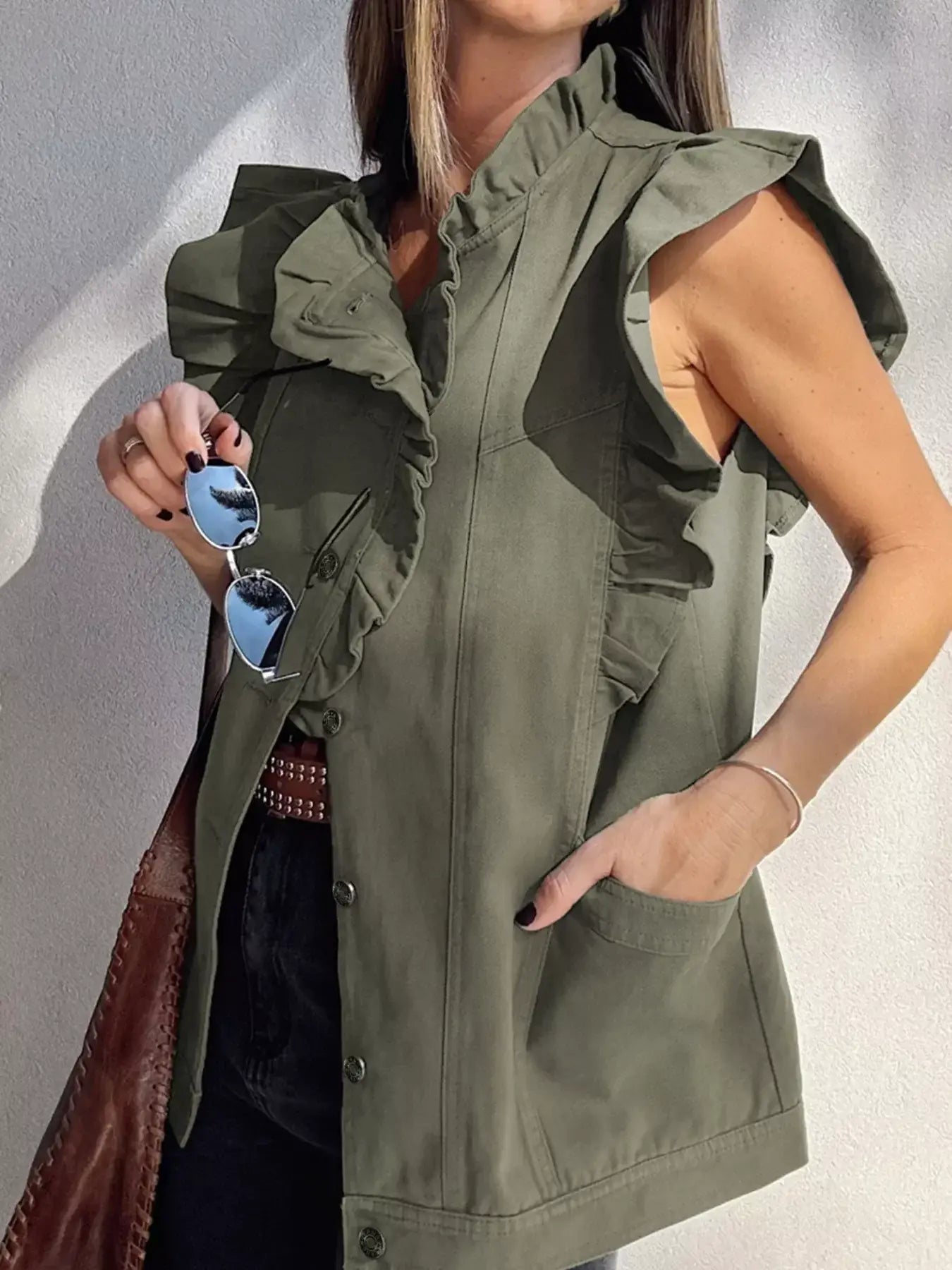 Ruffled Patchwork Denim Jacket Vest - Trendsi - Flyclothing LLC