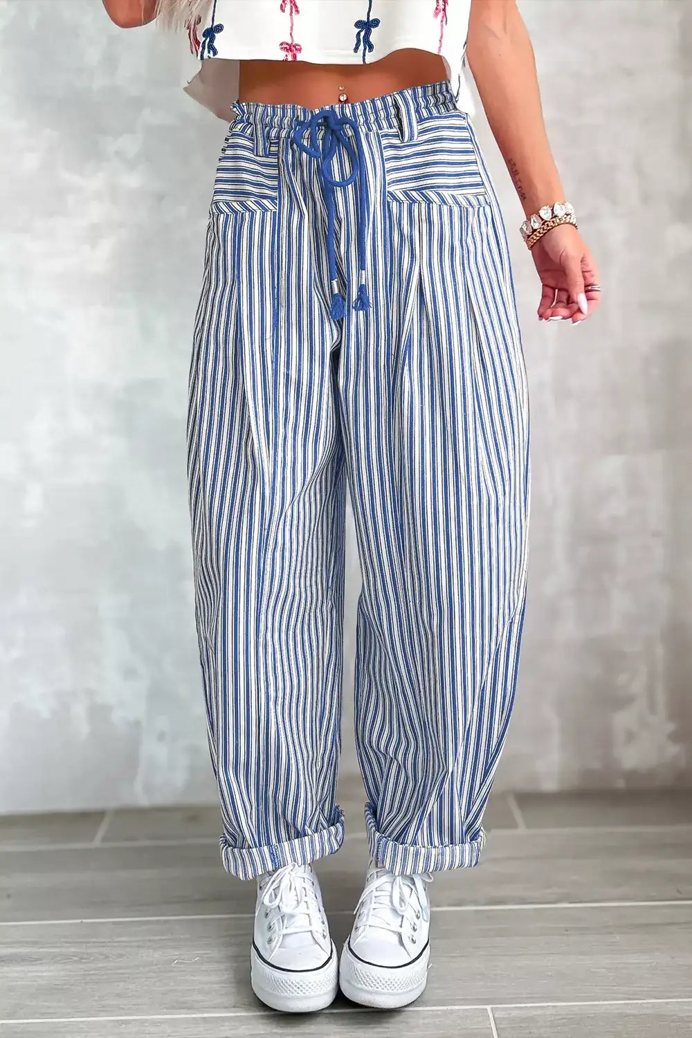 Stripe Drawstring Casual Loose Pants - Trendsi - Flyclothing LLC