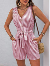 Perfee Striped V-Neck Tie Waist Romper - Trendsi - Flyclothing LLC