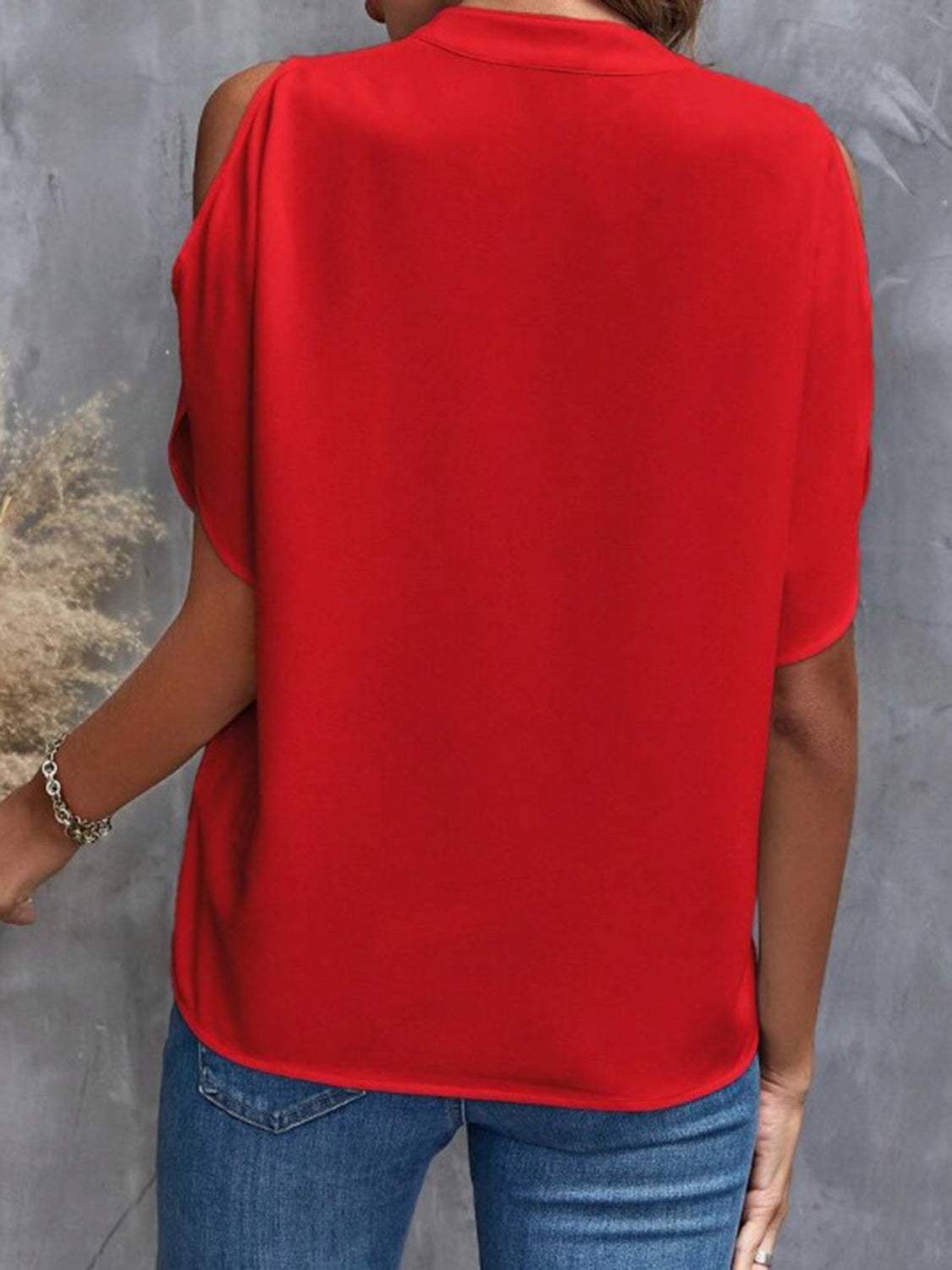 Notched Cold Shoulder Half Sleeve Blouse - Trendsi - Flyclothing LLC