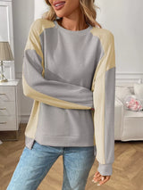 Color Block Waffle Knit Long Sleeve T-Shirt - Trendsi - Flyclothing LLC