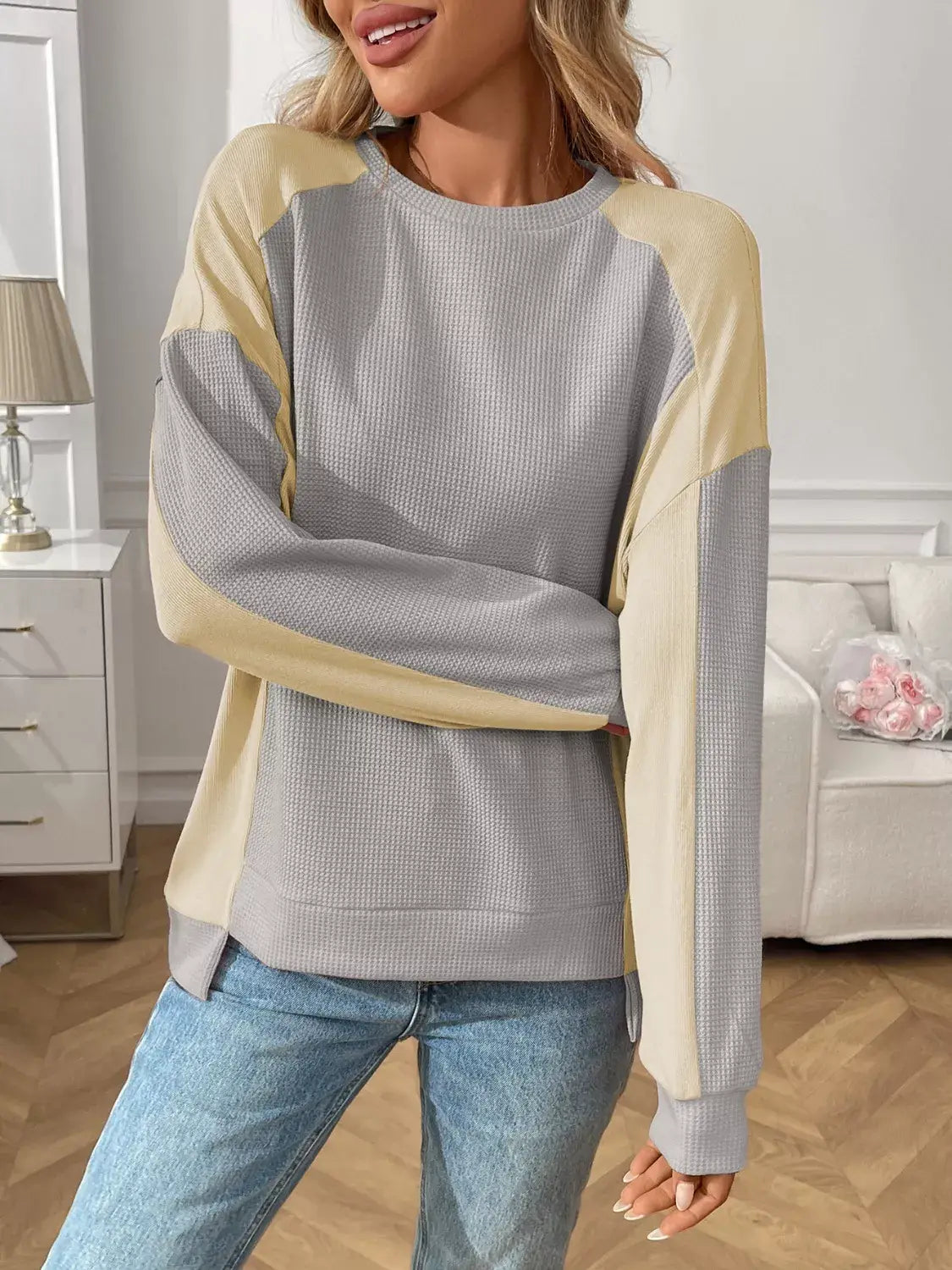 Color Block Waffle Knit Long Sleeve T-Shirt - Trendsi - Flyclothing LLC