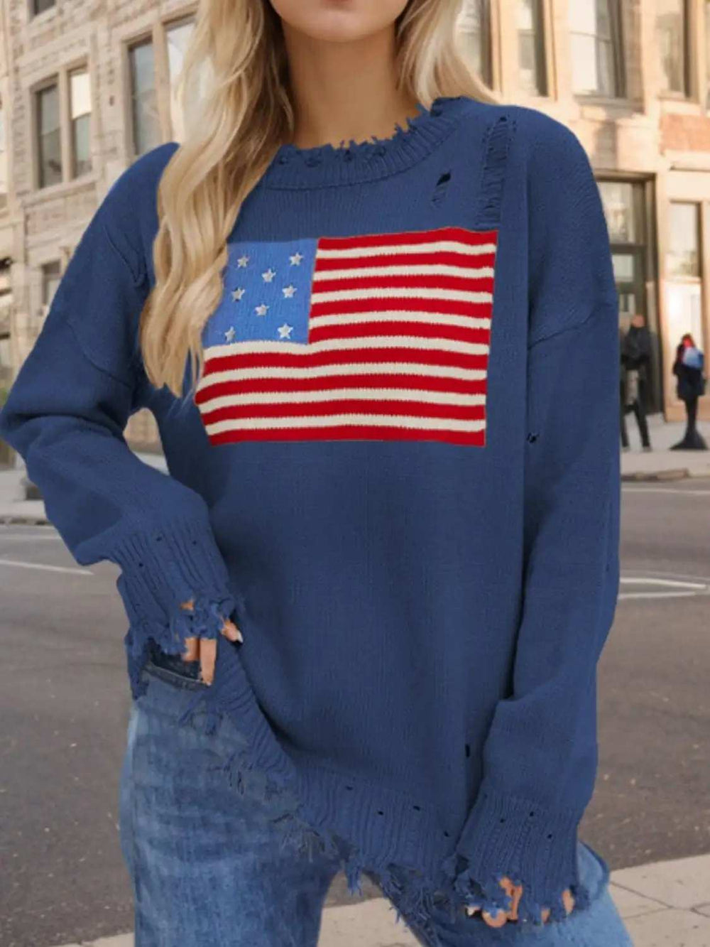 US Flag Distressed Round Neck Long Sleeve Sweater - Trendsi - Flyclothing LLC
