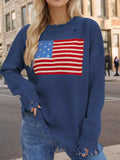 US Flag Distressed Round Neck Long Sleeve Sweater - Trendsi - Flyclothing LLC