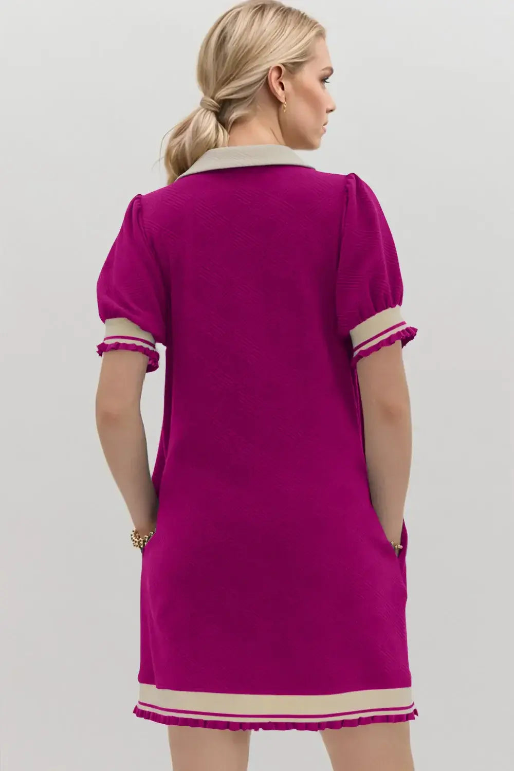 Oh Frill Contrast Trim Johnny Collar Short Sleeve Mini Dress - Trendsi - Flyclothing LLC