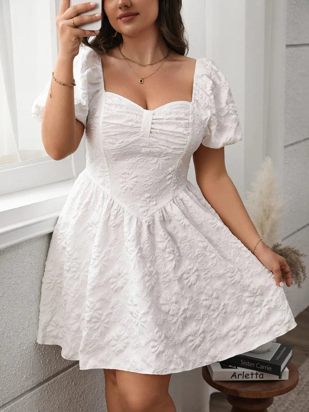 Plus Size Smocked Sweetheart Neck Puff Sleeve Mini Dress - Trendsi