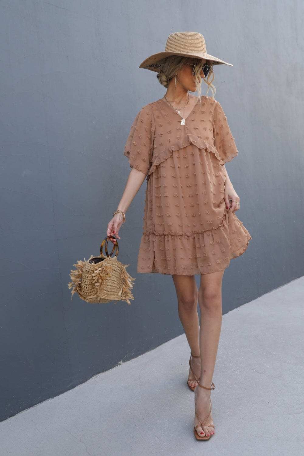 Swiss Dot V-Neck Flutter Sleeve Mini Dress - Trendsi - Flyclothing LLC