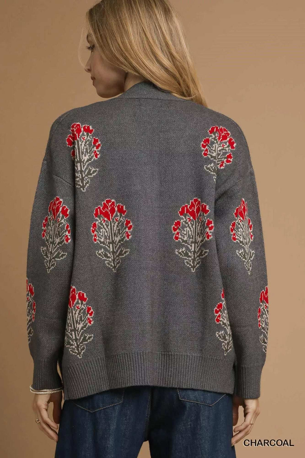 Umgee Single Flower Stem Jacquard Cardigan Sweater - Trendsi - Flyclothing LLC