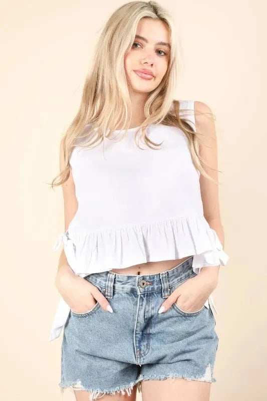 VERY J Side Tie Detail Ruffled Sleeveless Top - Trendsi - Flyclothing LLC