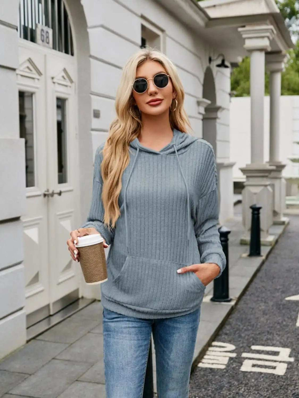 Ribbed Drawstring Long Sleeve Hoodie - Trendsi - Flyclothing LLC