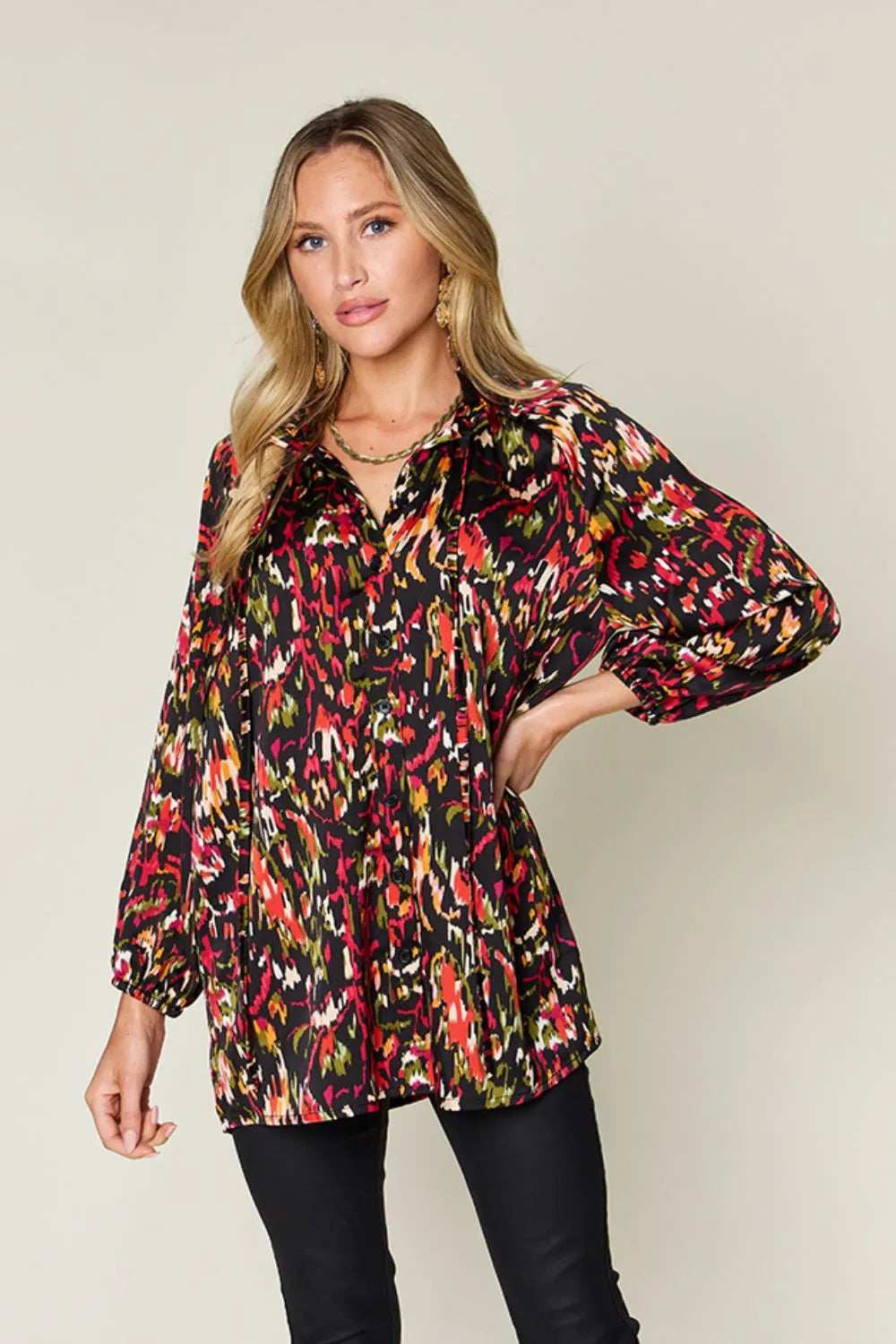 Double Take Full Size Printed Button Up Long Sleeve Shirt - Trendsi - Flyclothing LLC