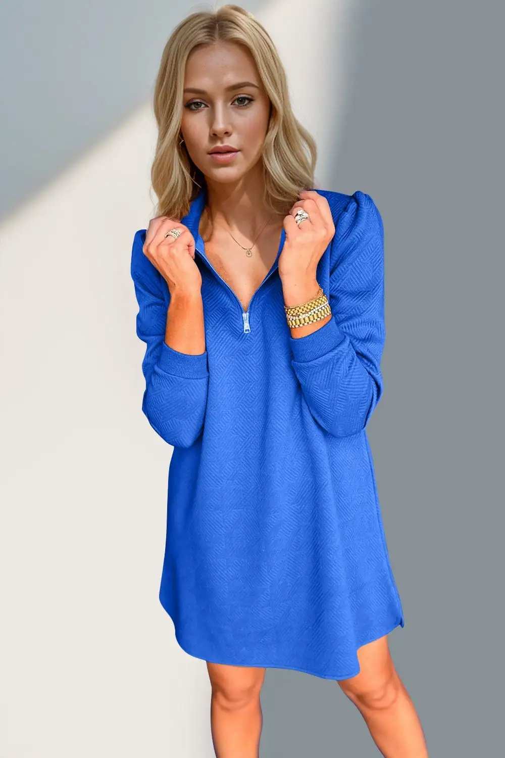 Double Take Textured Quarter Zip Long Sleeve Dress - Trendsi - Flyclothing LLC