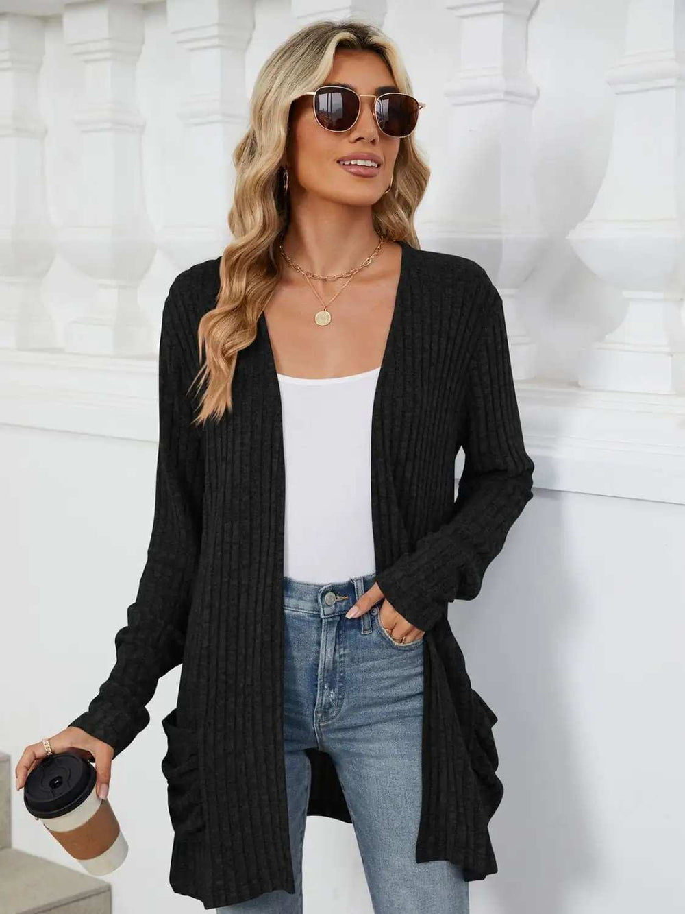 Pocketed Open Front Long Sleeve Cardigan - Trendsi - Flyclothing LLC