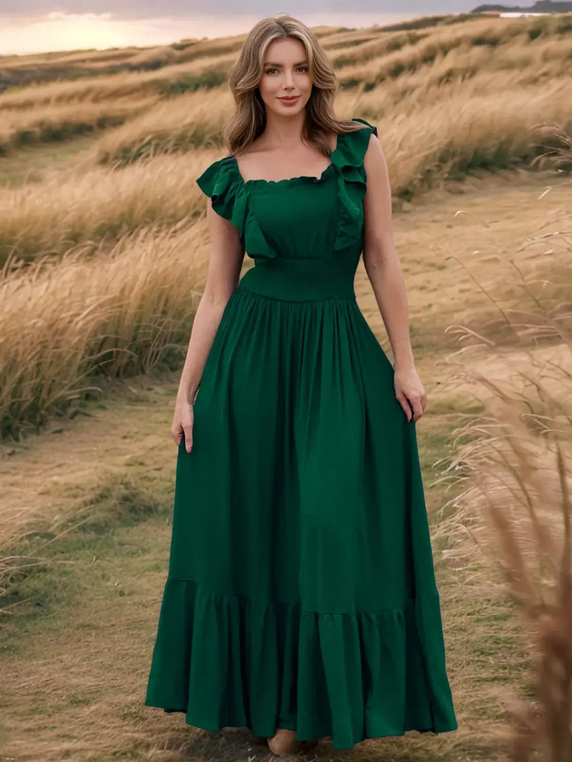 Ruffled Smocked Square Neck Maxi Dress - Trendsi - Flyclothing LLC