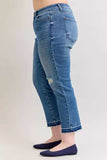Judy Blue Full Size Mid Rise Bf Patch & Repair Destroy Release Hem Jeans Plus Size - Trendsi - Flyclothing LLC
