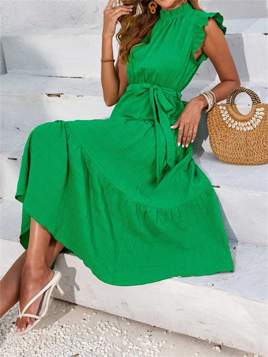 Frill Mock Neck Ruffled Cap Sleeve Midi Dress - Trendsi - Flyclothing LLC