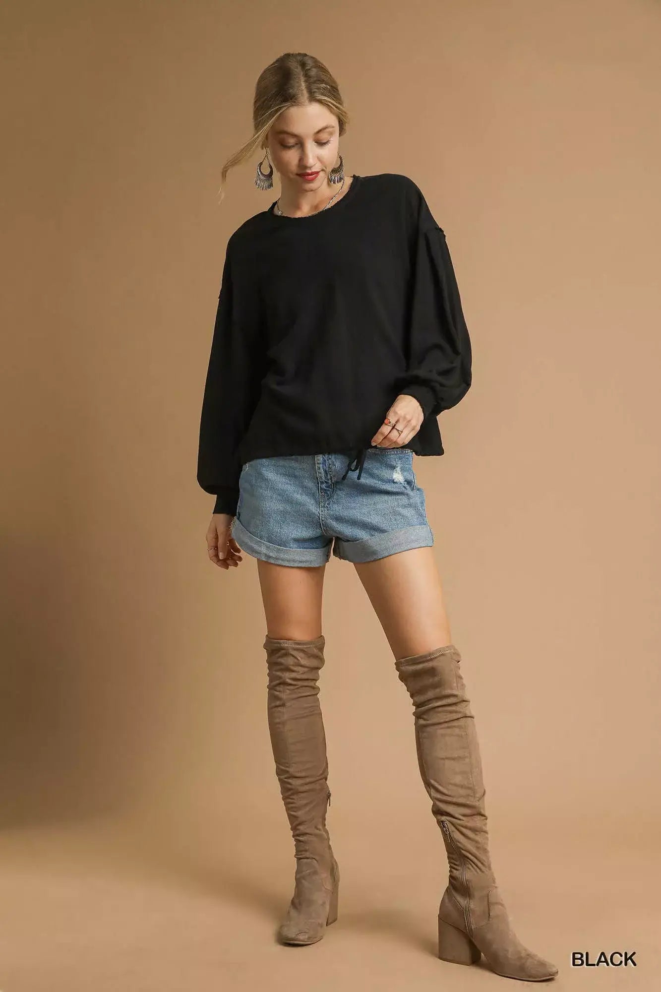 Umgee Full Size Linen Long Sleeve Top with Drawstring Plus Size - Trendsi - Flyclothing LLC