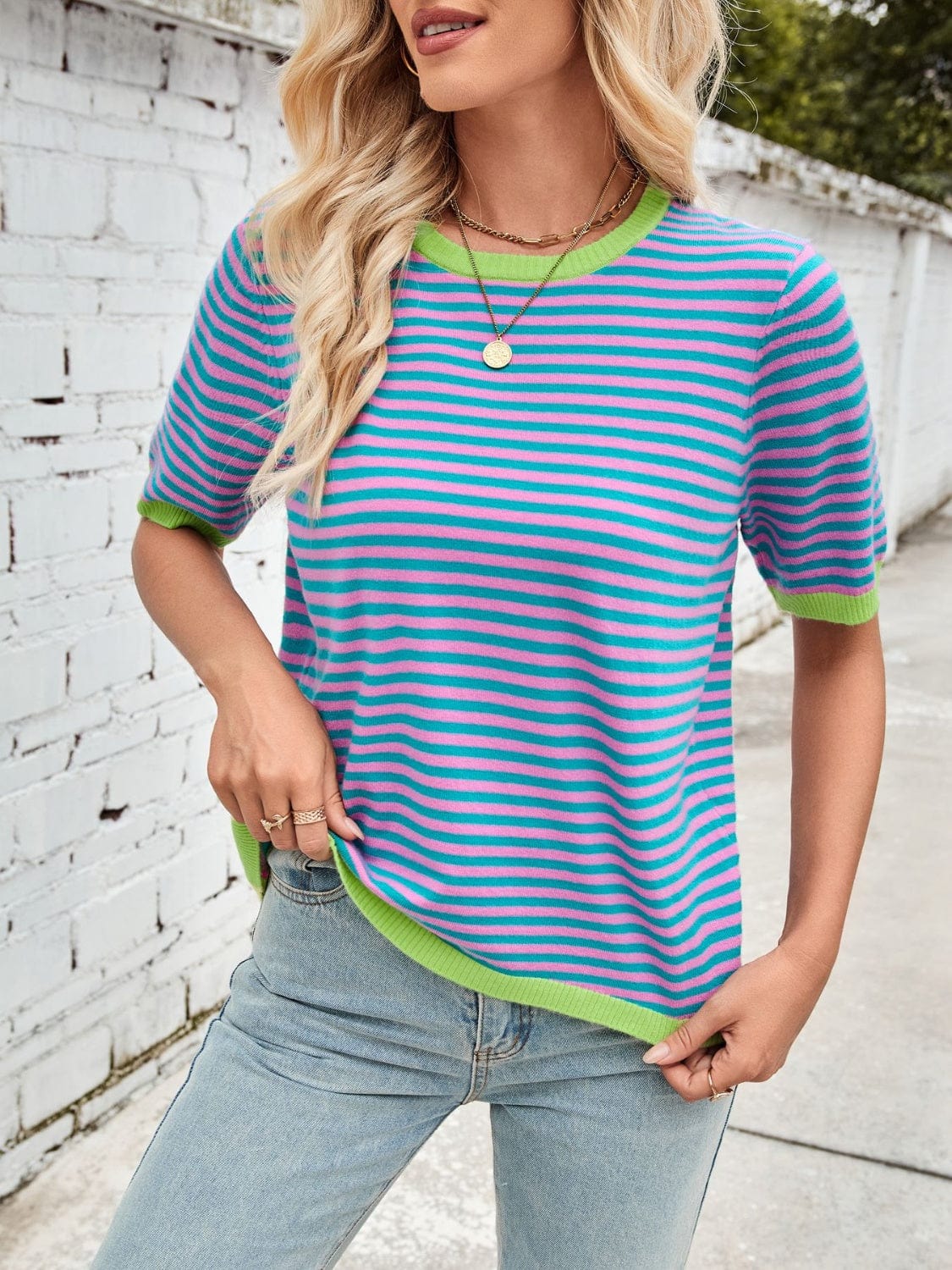 Lovelet Striped Contrast Round Neck Half Sleeve Knit Top - Trendsi