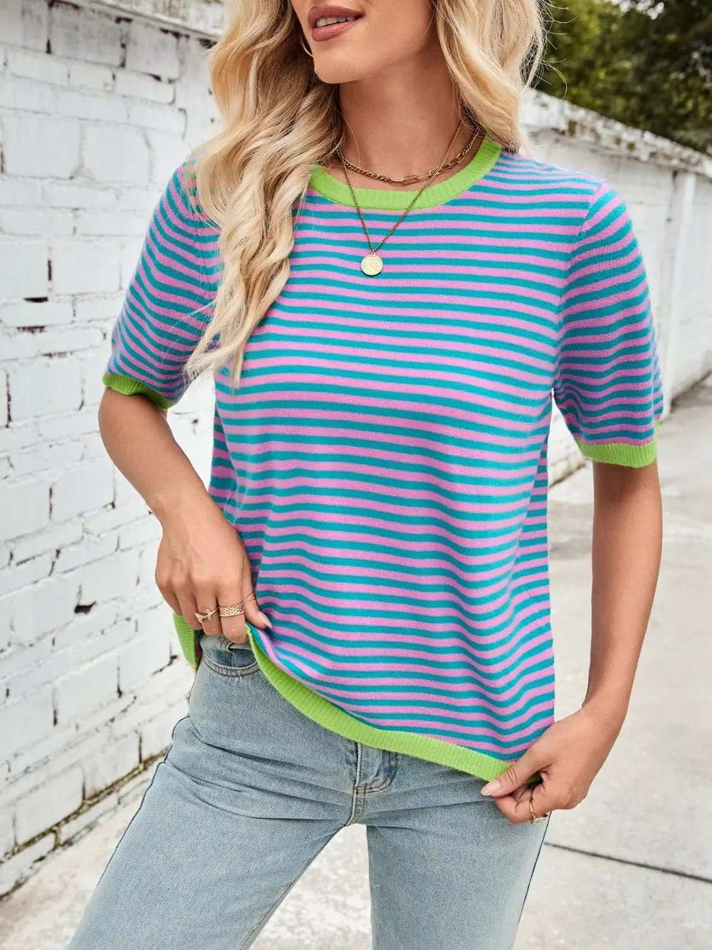 Lovelet Striped Contrast Round Neck Half Sleeve Knit Top - Trendsi - Flyclothing LLC