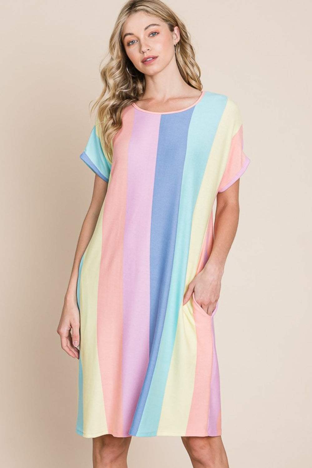 BOMBOM Striped Short Sleeve Dress with Pockets - Trendsi - Flyclothing LLC