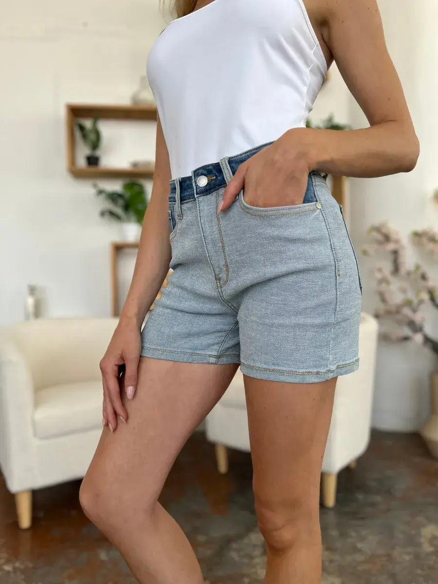 Judy Blue Full Size Color Block Denim Shorts - Trendsi - Flyclothing LLC