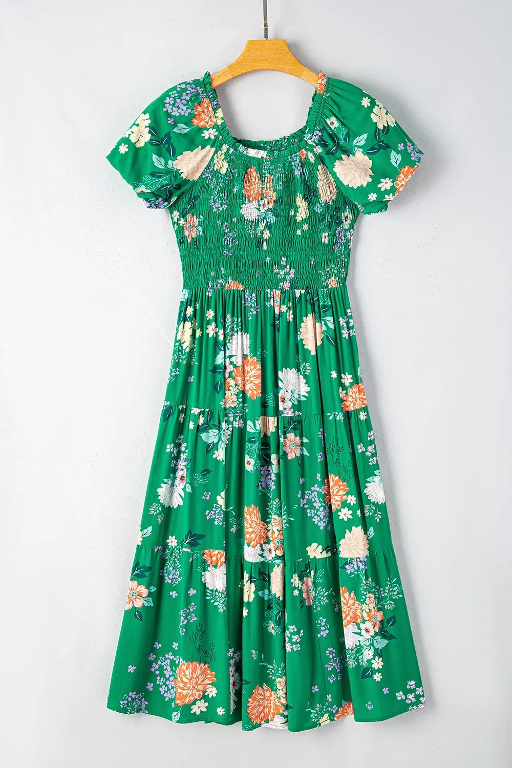 Floral Print Bubble Sleeve Smocked Tiered Midi Dress - Trendsi - Flyclothing LLC