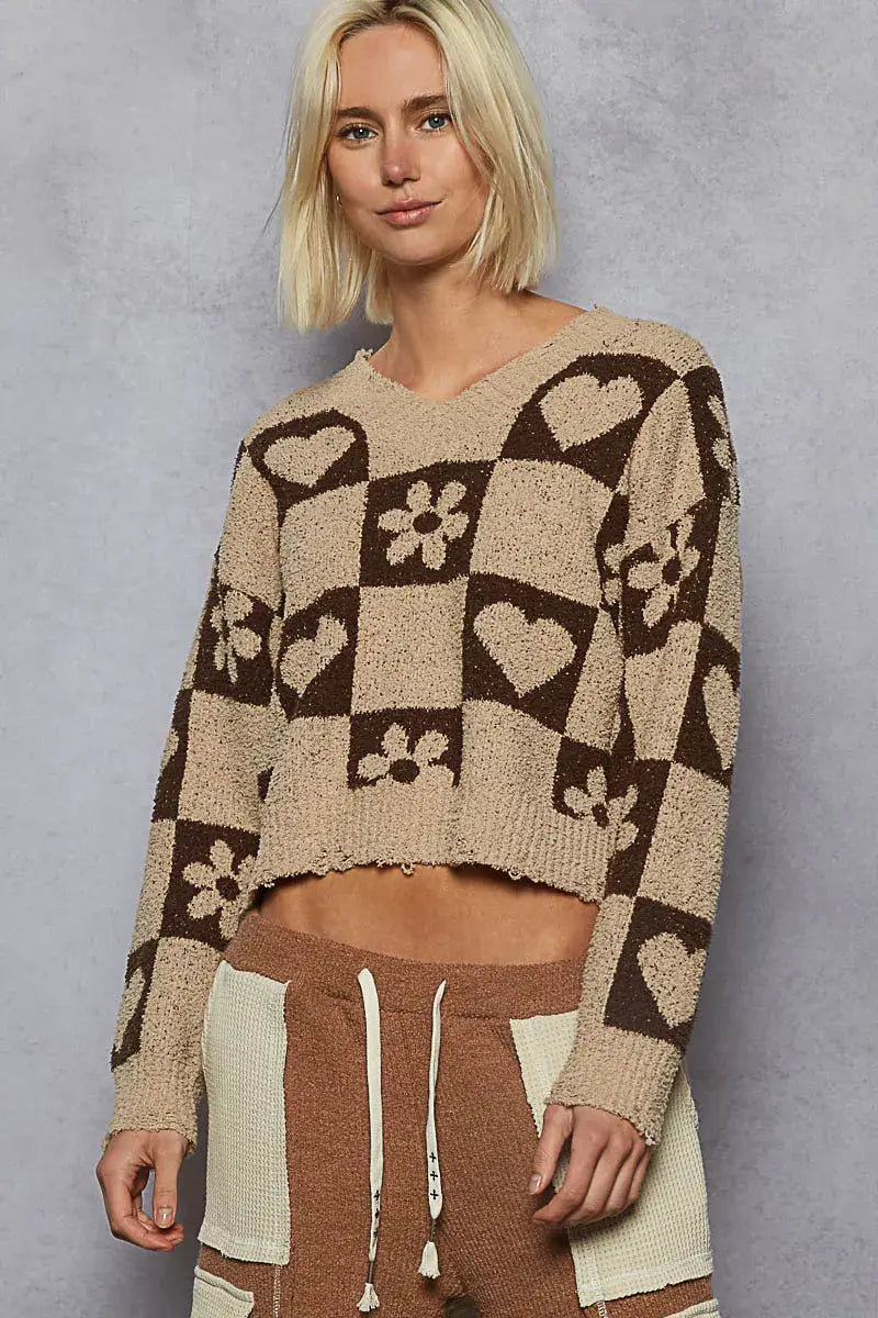 POL V-Neck Heart Pattern Checkered Sweater - Trendsi - Flyclothing LLC