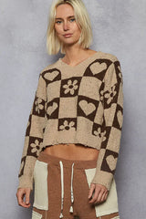 POL V-Neck Heart Pattern Checkered Sweater - Trendsi - Flyclothing LLC