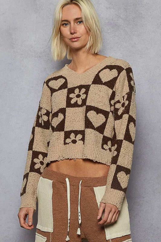 POL V-Neck Heart Pattern Checkered Sweater - Trendsi - Flyclothing LLC