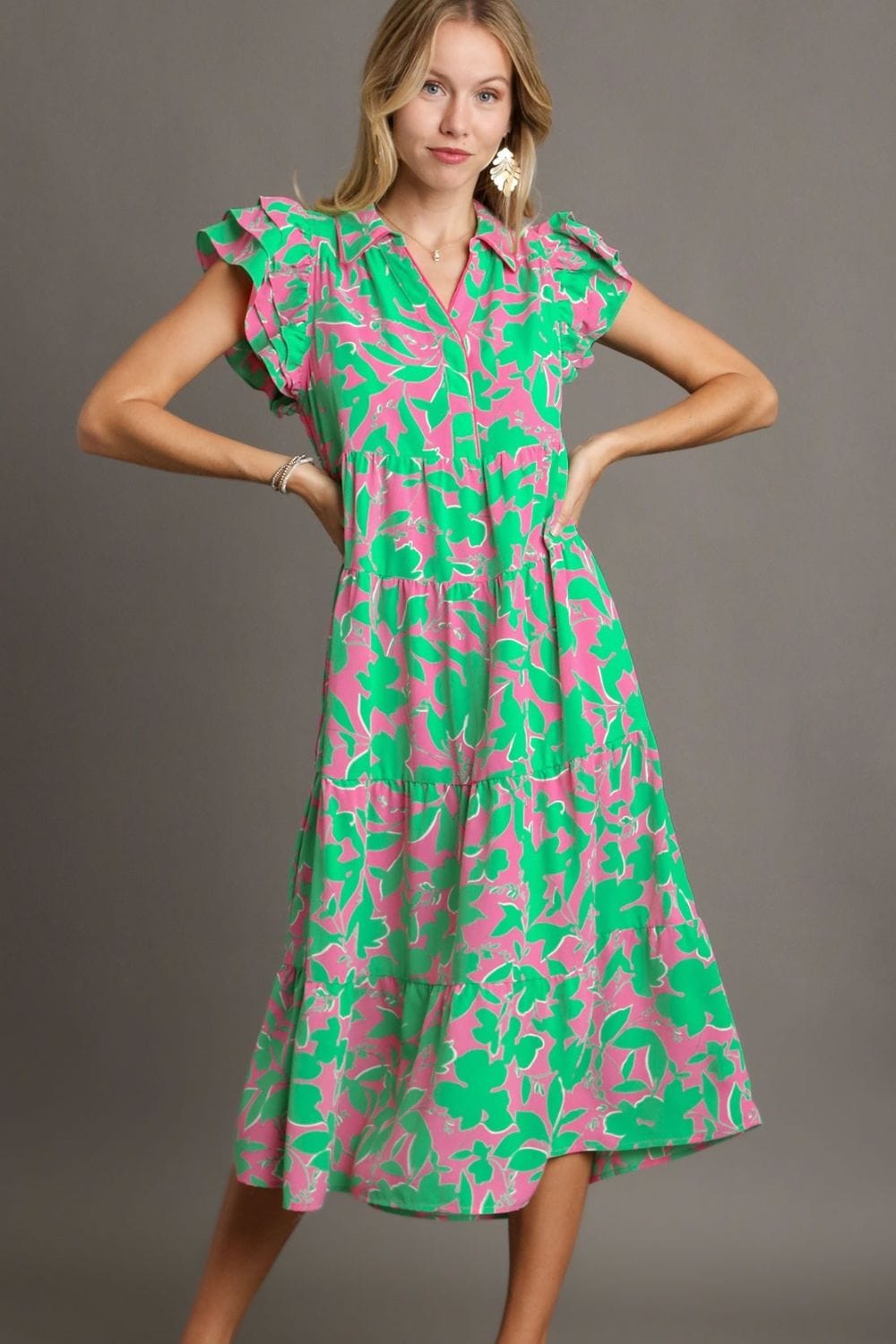 Umgee Full Size Floral Collared Ruffle Cap Sleeve Midi Dress Plus Size - Trendsi