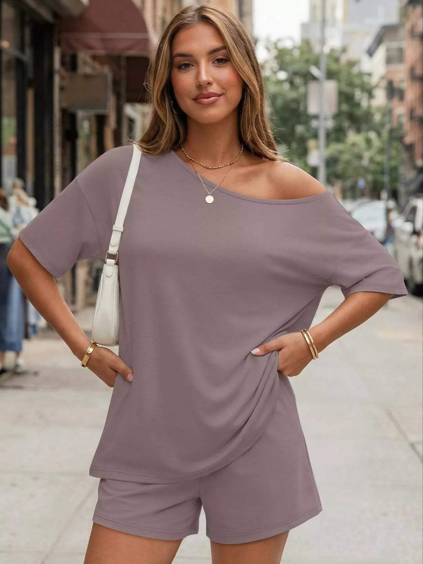 Full Size Boat Neck Tee and Shorts Set Plus Size - Trendsi - Flyclothing LLC