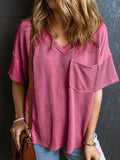 Textured V-Neck Half Sleeve T-Shirt - Trendsi
