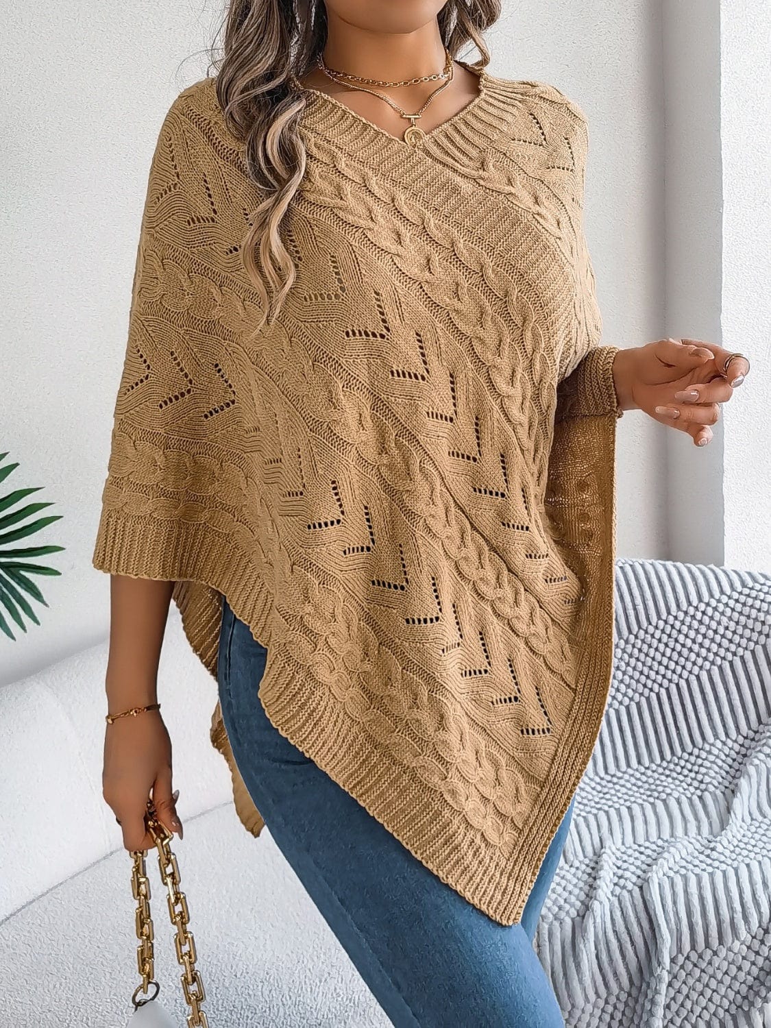 Cable-Knit Openwork Three-Quarter Sleeve Sweater - Trendsi