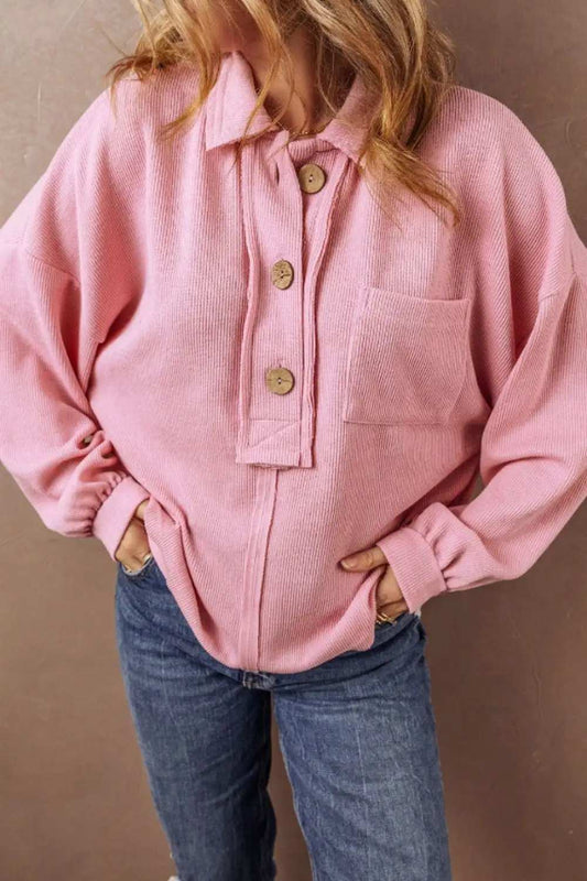 Pocketed Half Button Long Sleeve Sweatshirt - Trendsi - Flyclothing LLC