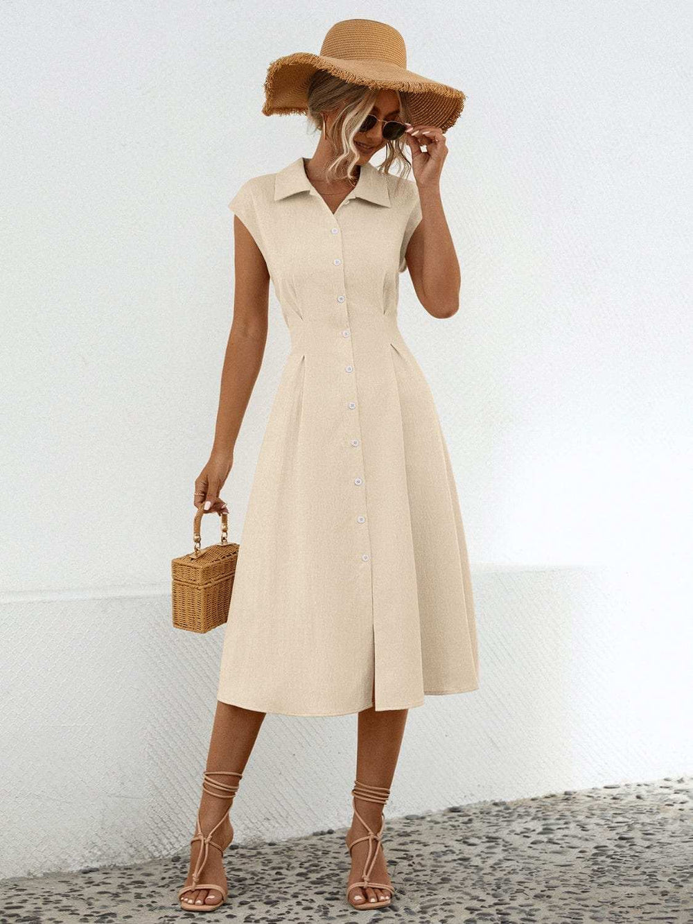 Button Up Cap Sleeve Midi Dress - Trendsi - Flyclothing LLC