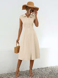 Button Up Cap Sleeve Midi Dress - Trendsi