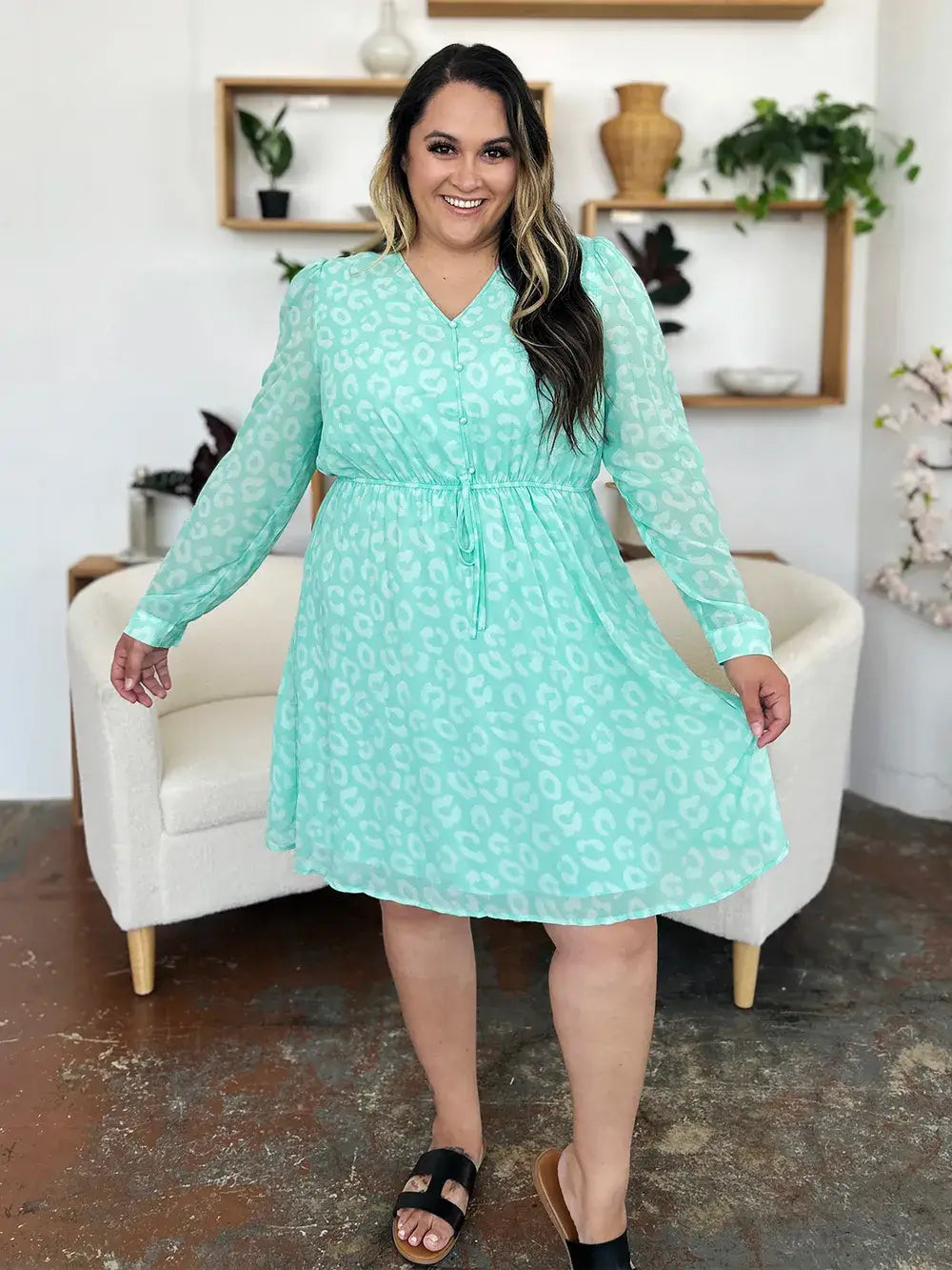 Double Take Full Size Printed Ruched V-Neck Long Sleeve Dress - Trendsi - Flyclothing LLC